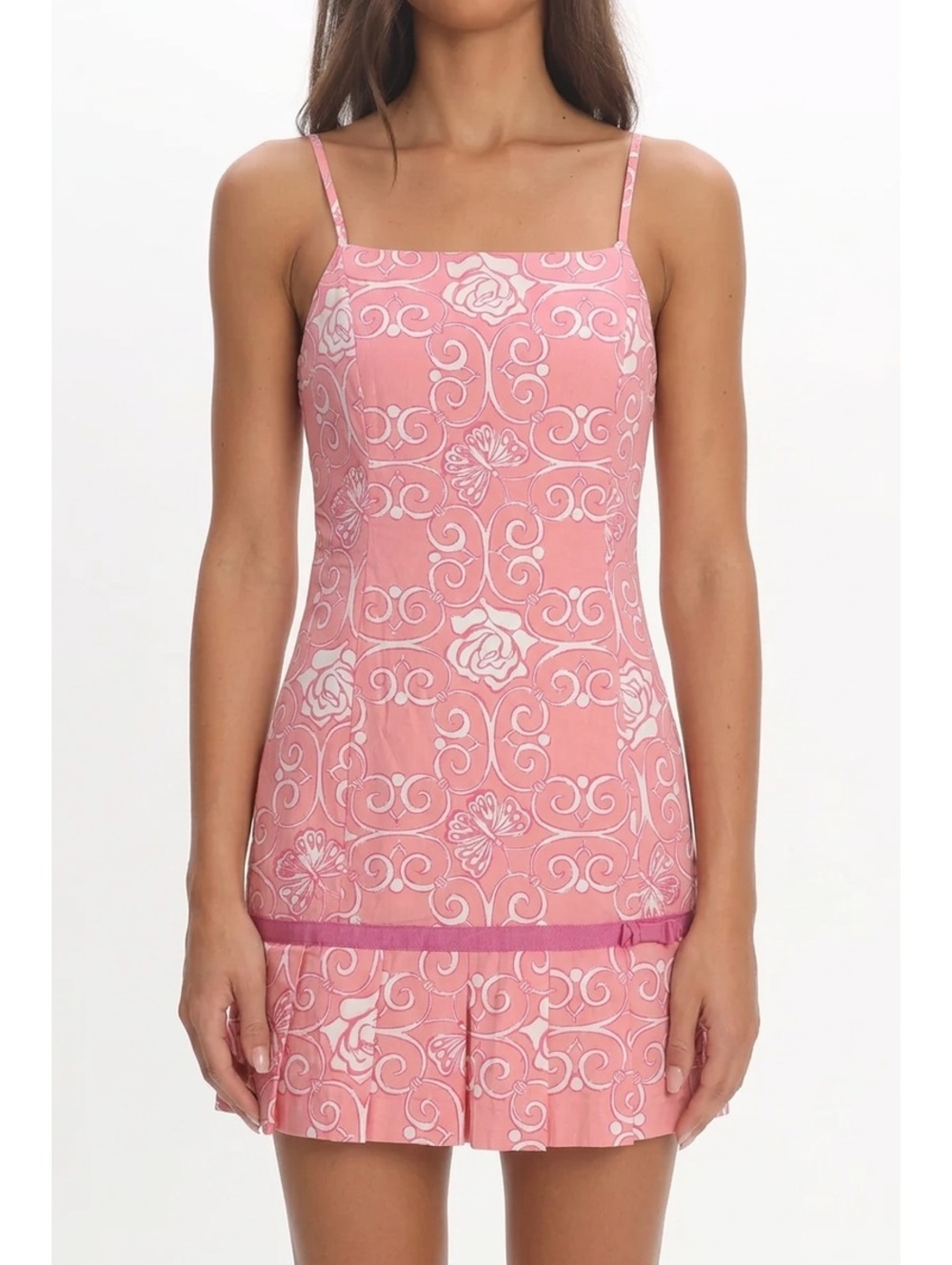 Lilly Pulitzer Pink White Butterfly Print Sundress Pleated Hem Ribbon Bow Size 6